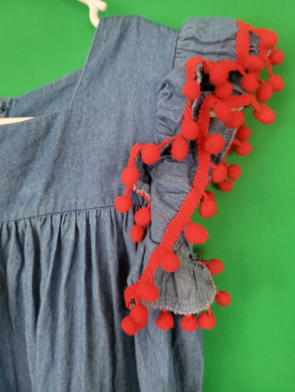 Kids Denim Dress Red Pom-Pom Sleeve Trim Ruffle Girl Size 10/12 7/8 School Back - Picture 5 of 6